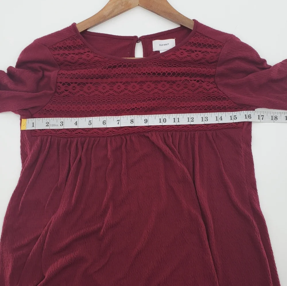 Old Navy Girls Tunic Dress Size Large Maroon 3/4 Sleeve‎ Embroidered Pleated